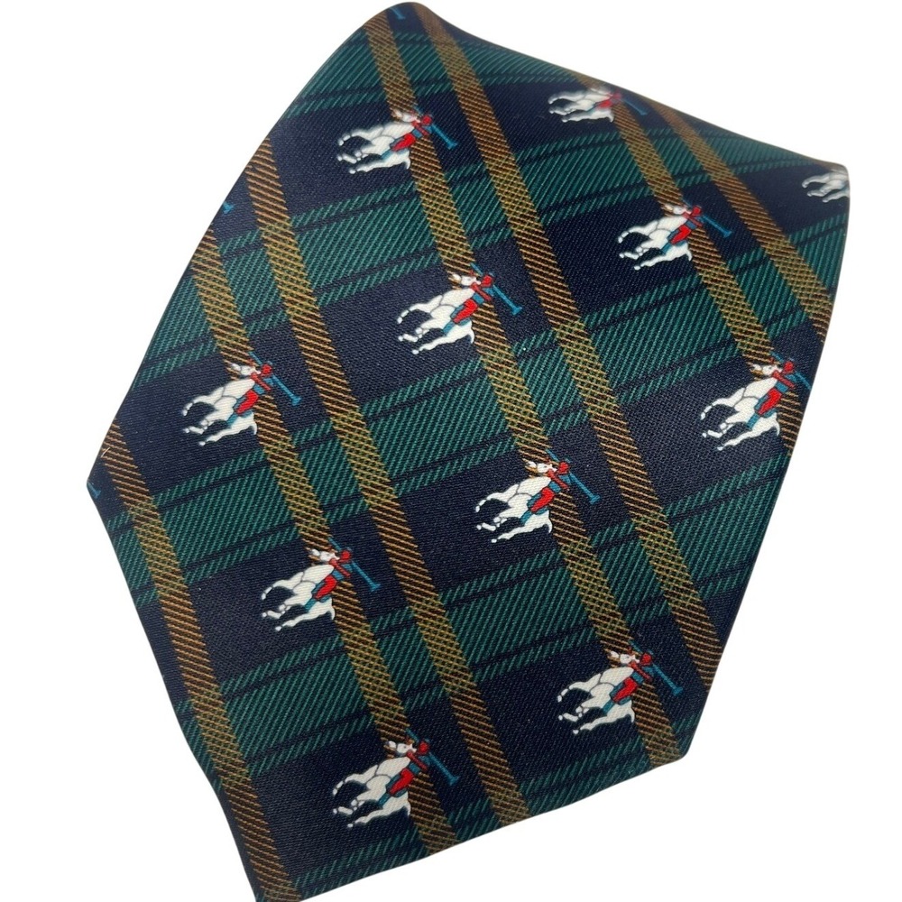 Rene‎ Chagal Mens Hand Made Polo Rider Plaid Silk Tie Navy Green Gold